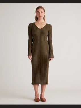 Quince Cotton Cashmere Ribbed V-Neck Midi Dress Olive